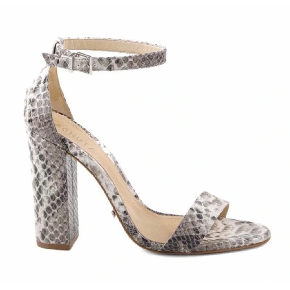 Schutz Enida Snakeskin Embossed Leather Block Heel Ankle Strap Sandals Grey 6 B